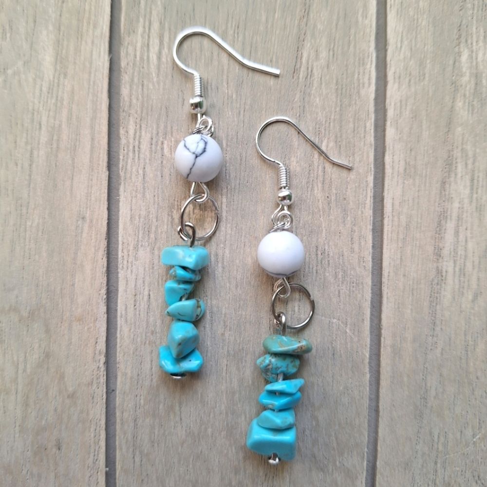 Blue and White Turquoise Silver Dangle Earrings Boho Gifts Jewelry Hippie Artsy